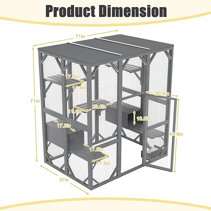 KEIKI Outdoor Cat Enclosure Large, 71" Cat House for Multiple Cats with Waterproof Roof, 3 Tier Cat Cage with 6 Platforms, Weatherproof Outdoor Cat Catio, Gray