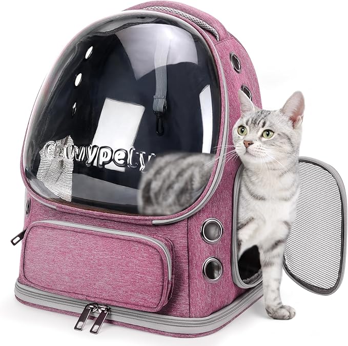 Cat Backpack Carrier, Breathable Cat Carrier Large Space Bubble Pet Backpack for Kitty Small Dog up to 12lbs, Transparent & Foldable Pet Carrier for Travel Hiking（Pink）