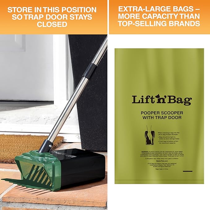Neater Pet Brands Lift N’ Bag 2.0 Dog Pooper Scooper with Bag Attachment & 22" Pole for Small to Large Dogs, New & Improved Design, 15 Refill Bags, Heavy Duty Dog Poop Scooper for Yard, One-Hand Use