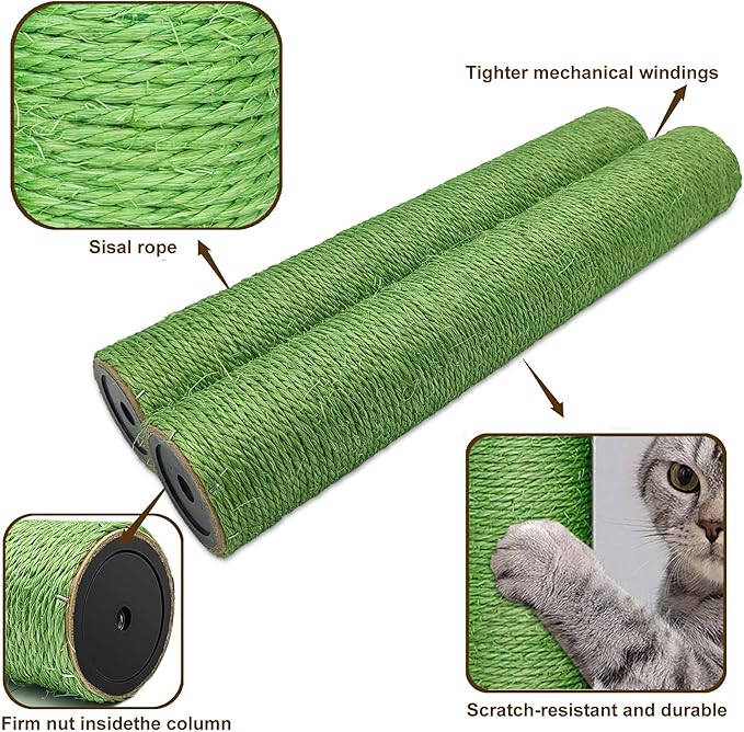 Cat Scratching Post Replacement for Cactus Cat Tree & Tower, Green 2 PCS 15.7in, Natural Sisal Replacement Parts with M8 Screws, Cute Green Cat Tree Refurbishment