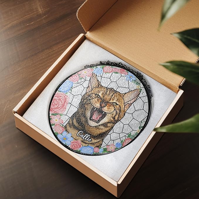 Lovely POD Suncatcher Stained Glass Windows for Cat, Memorial Keepsake Remembrance Gift for Fur Lovers, Sympathy Ornament Window Hanging Gift for Loss of Cat, Home Decor Gifts for Pet Day, Christmas