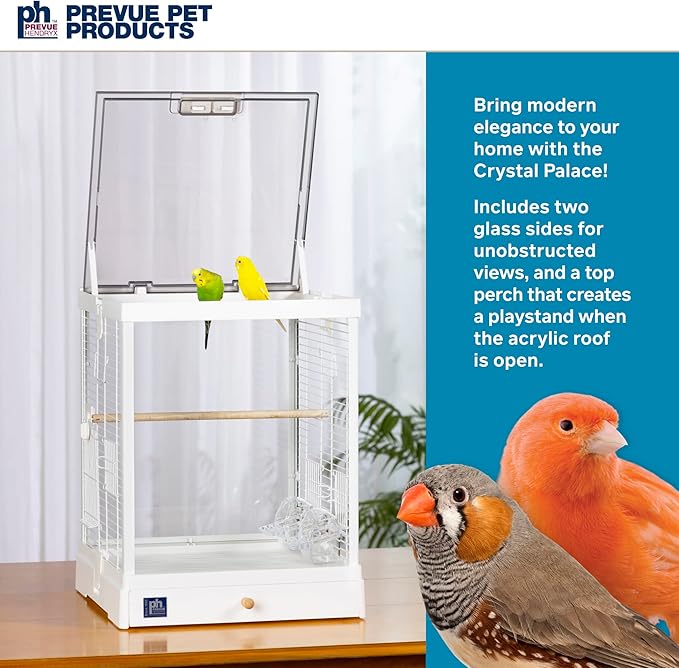 Prevue Pet Products Clear View Glass Bird Cage Crystal Palace for Small Birds - White Frame