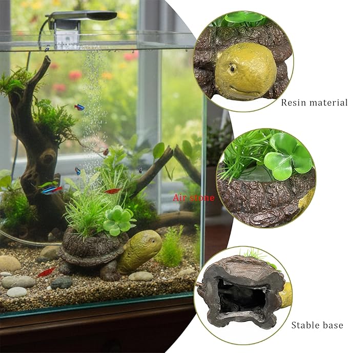 Turtle Tank Accessories Fish Tank Bubbler - Realistic Resin Turtle Aquarium Decor with Air Stone, Aquarium Bubbler Decorations for Fish Tank Oxygenation and Landscape Enhancement, With Air Tubing