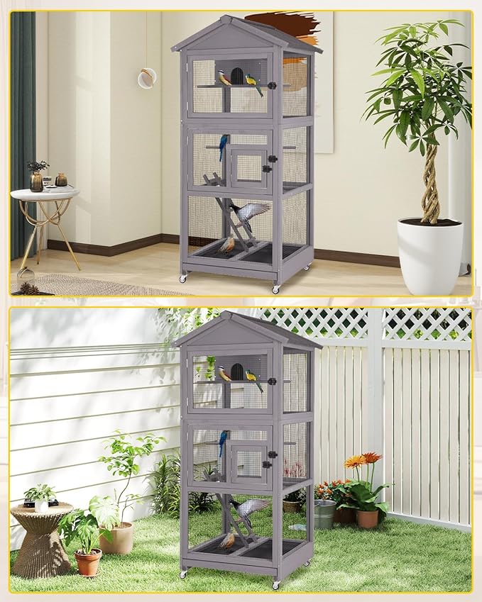 Large Bird Cage with Wheels - Wooden Aviary Large Mobile Bird House with Play Stand, Perches & Nest, Easy-Clean Mesh Design for Outdoor