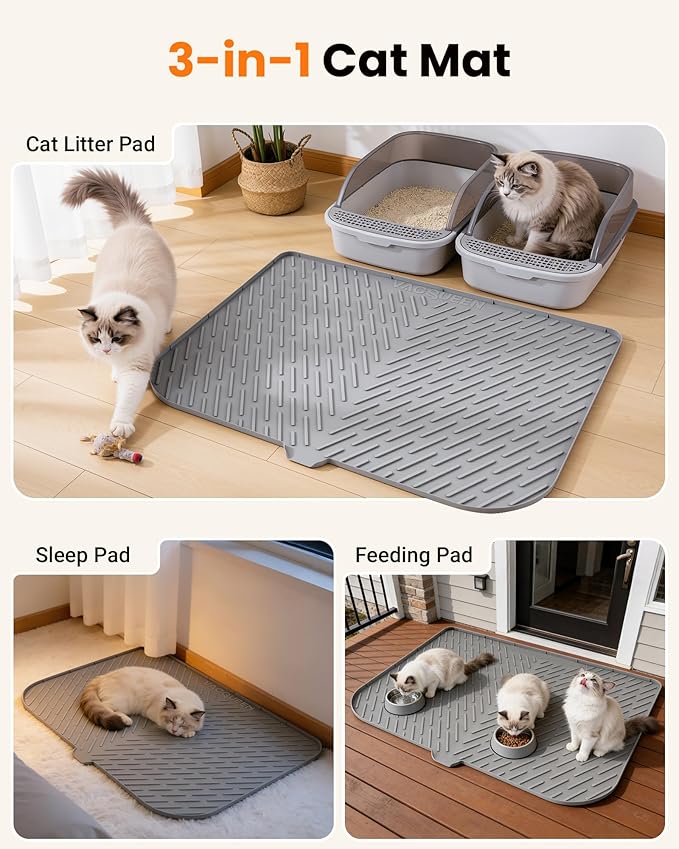 Cat Litter Box Mat, 47" x 37" Extra Large Cat Litter Mat, Silicone Waterproof Litter Trapping Mat for Scatter Control Soft on Kitty Paws Non-Slip Easy to Clean（Grey)
