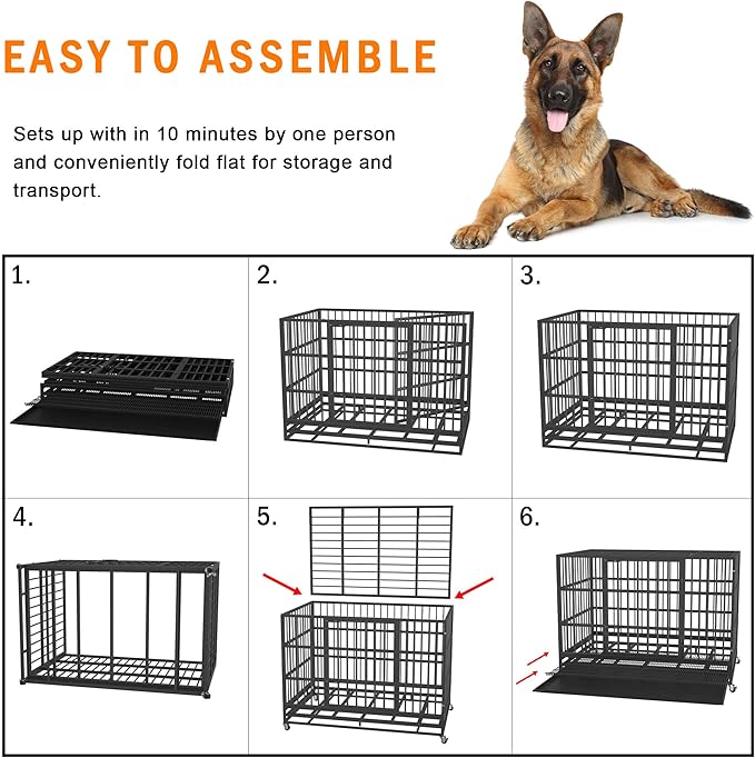 48 inch Heavy Duty Indestructible and Escape-Proof Dog Crate Cage Kennel for Large Dogs, High Anxiety Dog Crate with Removable Wire Trays and Wheels, Extra Large XL XXL, Black