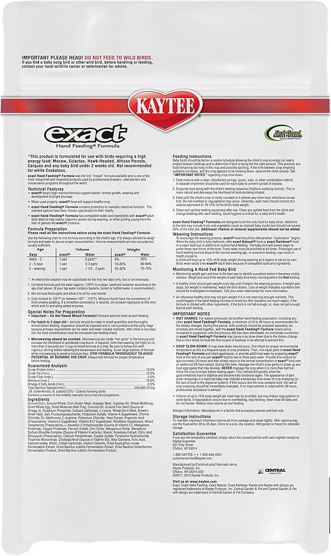 Kaytee Exact Hand Feeding High Fat Formula Pet Bird Baby Food For Parrots, Parakeets, Lovebirds, Cockatiels, Conures, Cockatoos, and Macaws, 5 Pound