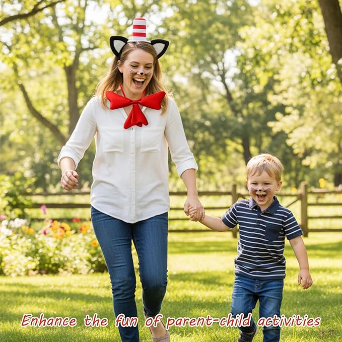 Cat Ears Headband and Bow Tie Set, Red and White Hat Cat Ears Hairband, Cat Hat Costume Accessories for Cosplay, Halloween, Theme Party, Includes Headband, Gloves, Bow Tie, Face Stickers