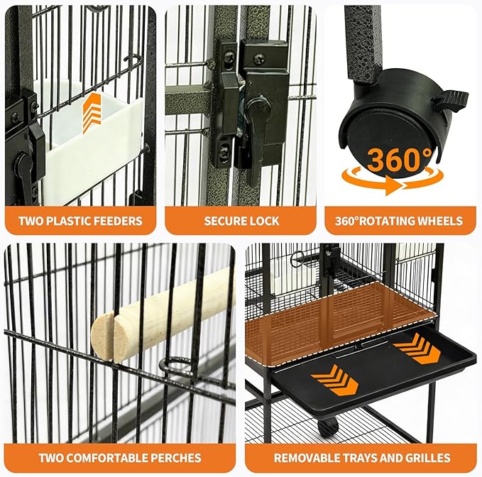 Spacious Metal Bird Cage with Rolling Stand and Storage – Large Flight Cage for Parakeets, Parrots, Cockatiels, Conures – Includes Feed Bowls, Play Top – Durable Pet Aviary – 40.5"/61" Tall