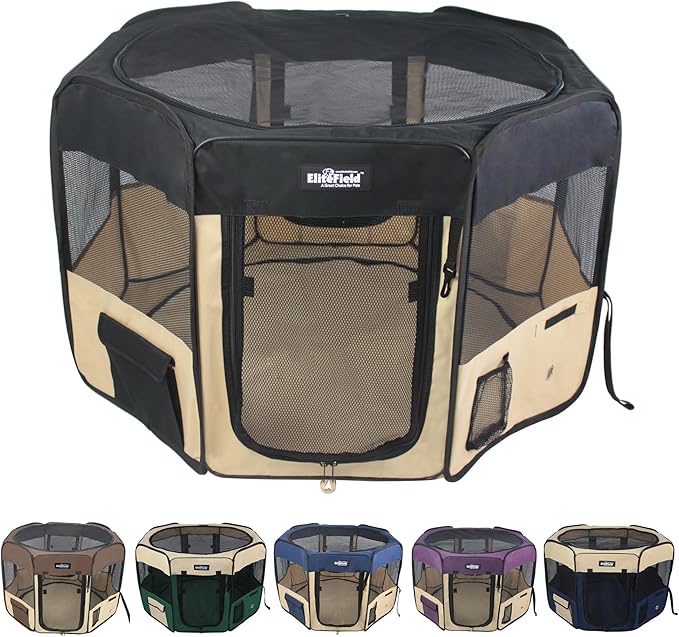 EliteField 2-Door Soft Pet Playpen (2 Year Warranty), Exercise Pen, Multiple Sizes and Colors Available for Dogs, Cats and Other Pets (42" x 42" x 24"H, Black+Beige)