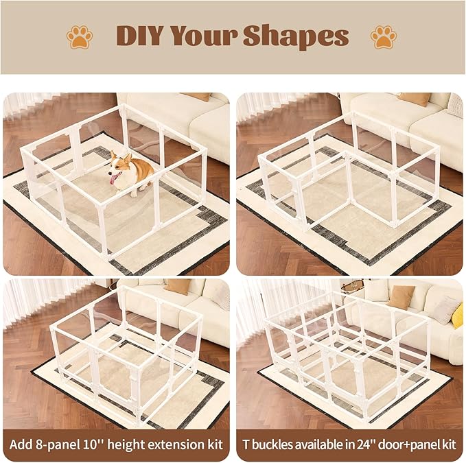 FlexiSpace 10" Height Extension Customizable Height & Space Clear Acrylic Dog playpen Indoor, The ONLY Play Pen That Grows with Your Pets (White, 10" Height Extension, 8 Panels)