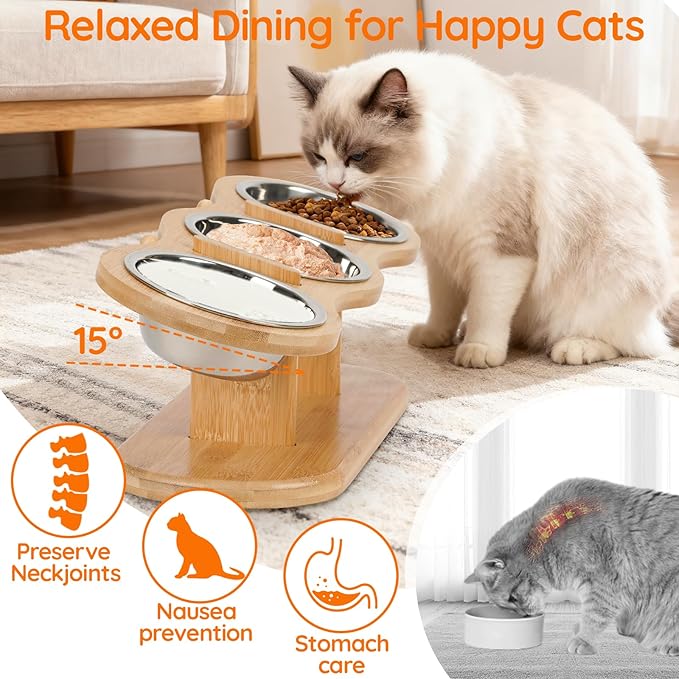 Elevated Cat Bowls Raised Cat Food Bowls, 15° Tilted Pet Bowls for Cats Puppy Small Dogs, Raised Dog Bowl Stand Feeder Adjustable Dog Cat Food Water Bowls Stand with 3 Stainless Steel Bowls