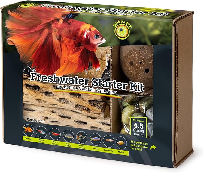 Galápagos (05356) Freshwater Starter Kit - Natural Aquarium Accessories with Cholla Wood, Catappa Leaves, Coconut Hut & More, Ideal for Betta, Goldfish & Live Freshwater Fish, 4.5 Quarts