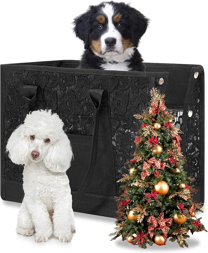 Black Dog Carrier Purse Lace Pet Dog Cat Carrier Tote Bags Fits Small Medium Dogs Puppy for Travel Hiking Walking with Lace Anti-Grab Net & PP Pad
