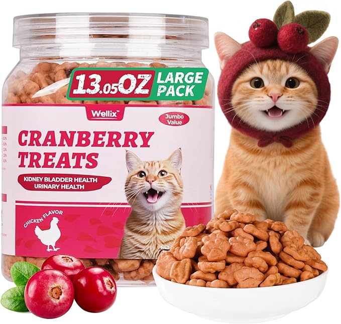 Wellix 13.05oz Urinary Tract Health Cat Treats for Indoor Cats - Cranberry&D-Mannose for UT,Kidney,Bladder Support - Chicken Formula Crunchy Kitten Training Snacks Chews