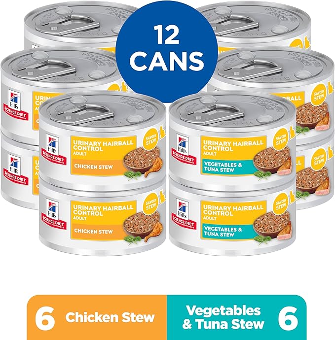 Hill's Science Diet Adult 1-6 Urinary Hairball Control Wet Cat Food, Variety Pack: Chicken, Tuna & Vegetables Stew, 2.9 oz. Cans, 12-Pack