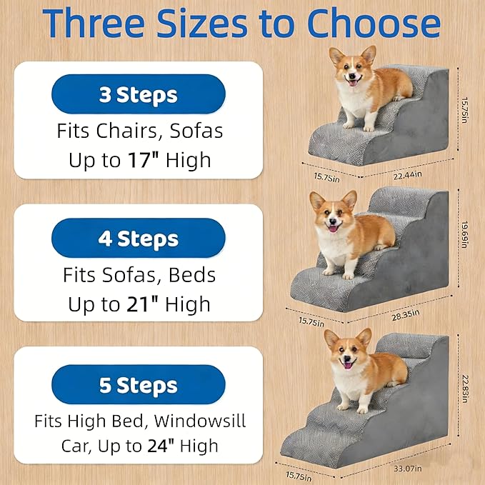 Simple Deluxe Dog Stairs for Small Dogs, 3-Step Curved Dog Step for Puppy, Older Cat, Medium Pet Ramp for Sofa, Couch or Chair, Indoor Non-Slip Pet Ladder with High Density Foam, Gray