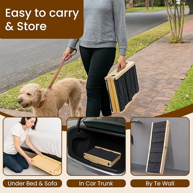 Upgraded 2026 MYUNIK Adjustable Small Dog Ramp 37.8" Foldable Solid Wood Pet Small Ramp with 5 Heights 13.6–21.5", Non-Slip Carpet Handle Ramp for Bed Couch Sofa & Car