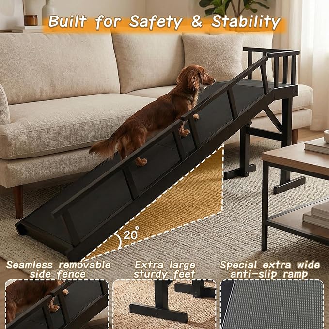 73" Dog Ramp for Bed,Birchwood Pet Ramp with Removable Side Rail and Non-Slip Surface, Pet Ramp for Small & Large Dogs with Rest Platform and DIY Glow Strips,Dog Stairs for Couch, Black