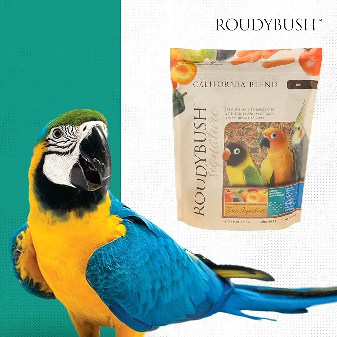 RoudyBush California Blend Pellets for Birds - Scientifically Formulated Bird Feed - Bird Food Pellets w/Dried Fruits, Vegetables & More - Nutritious & Healthy Feed for Birds (Mini, 44oz)