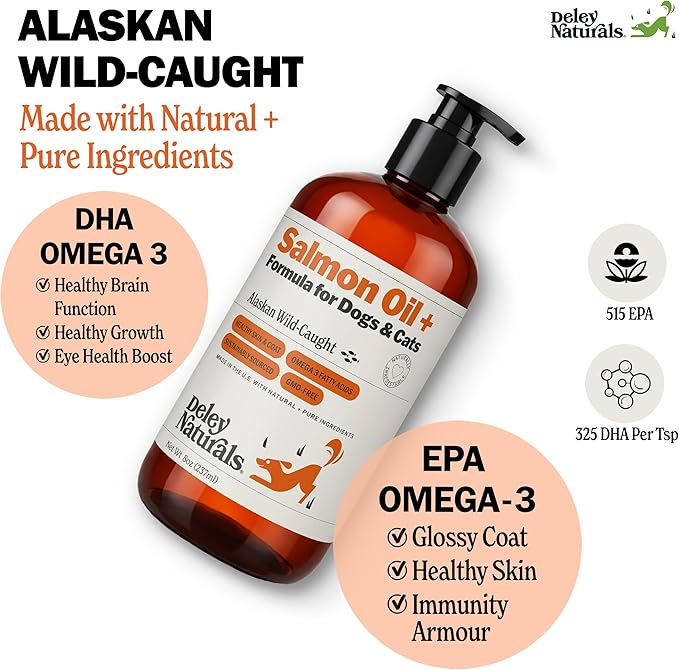 Deley Naturals Wild Alaskan Salmon Oil for Dogs & Cats - New and Improved Salmon Oil Plus Formula - Fish Oil for Dogs with Omega 3, DHA and EPA - Omega 3 for Healthy Skin and Coat - 8oz Made in USA