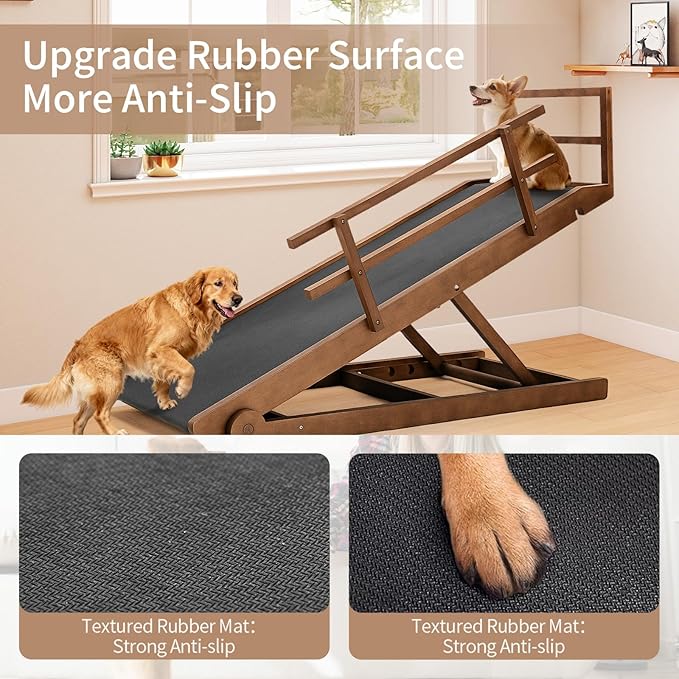 SLSY Dog Ramp for High Beds & Couches, 63" Folding Adjustable Pet Ramp with Non-Slip Rubber Mat, 5 Height Levels (15.7"–31.4"), Portable Dog Stairs for Large Dogs up to 250 lbs, Brown