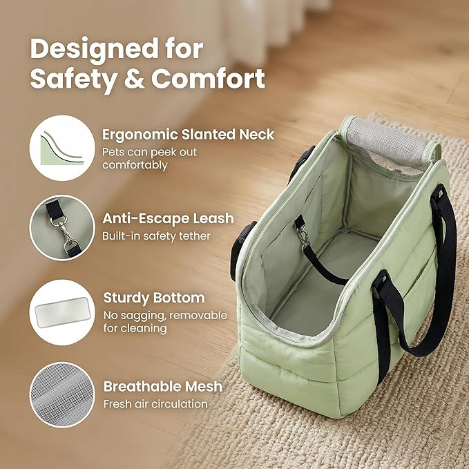 Small Dog Purse Bags,Dog Carrier Purses with Secure Harness Clip,Cotton Padded Interior, Durable Travel Pet Bag with Adjustable Strap,Green