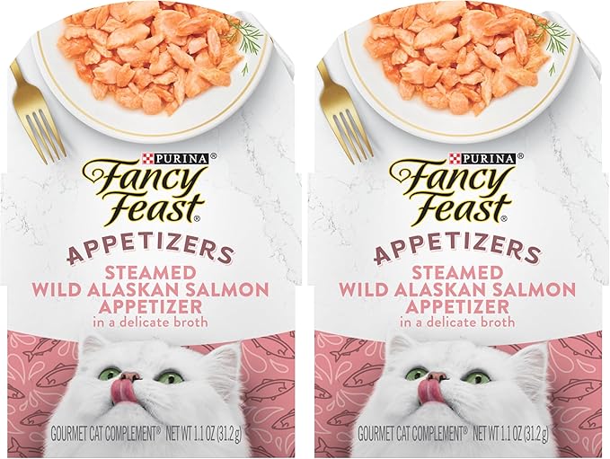 Fancy Feast Purina Appetizers Lickable Grain Free Wet Cat Food Topper Wild Alaskan Salmon Appetizer - 1.1 oz. Trays,(Pack of 20)