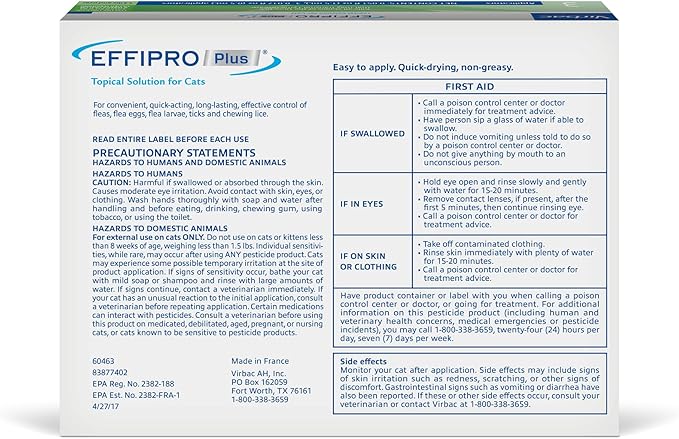 Virbac EFFIPRO Plus Topical Solution for Cats Over 1.5 lbs, 3 Month Supply, Non-Perishable