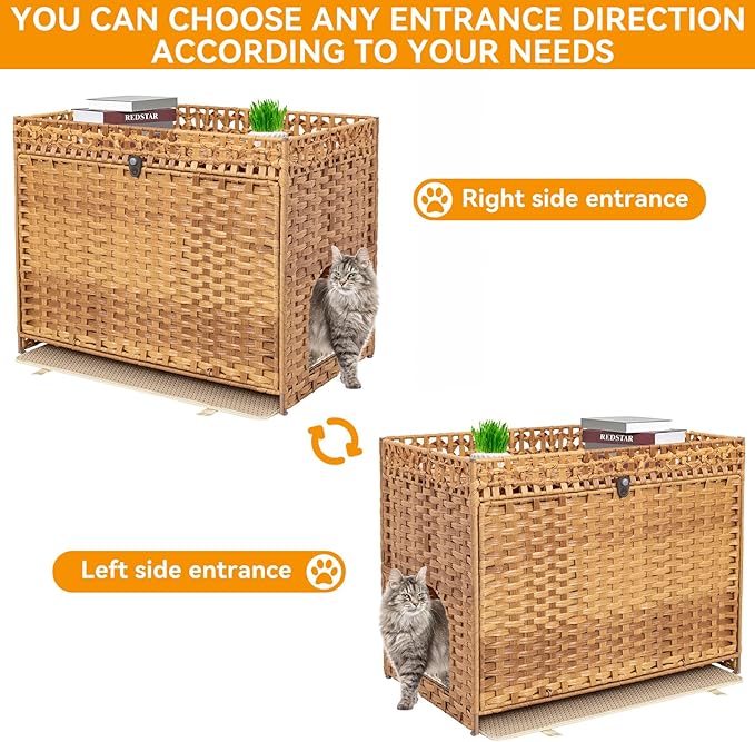 Cat Litter Box Enclosure Furniture Hidden with Soft Mat,Handwoven Rattan Cat House with Door for Large Cats Stylish Hidden Washroom Furniture for Living Room, Bedroom, or Balcony,Natural
