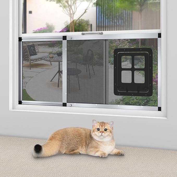 Ventilated Pet Door for Window 38"-44" Wide Adjustable, Silver Aluminum Frame + Stainless Steel Mesh | Breathable Bug-Proof | 4-Way Lock Magnetic Closure Cat Window Door,Cat Door for Window Insert