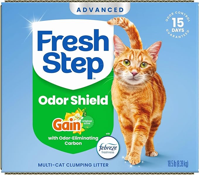 Fresh Step Odor Shield Advanced Multi Cat Clumping Litter with Febreze Freshness, Gain Original Scent, 18.5 lb Each, Pack of 2 (Package May Vary)