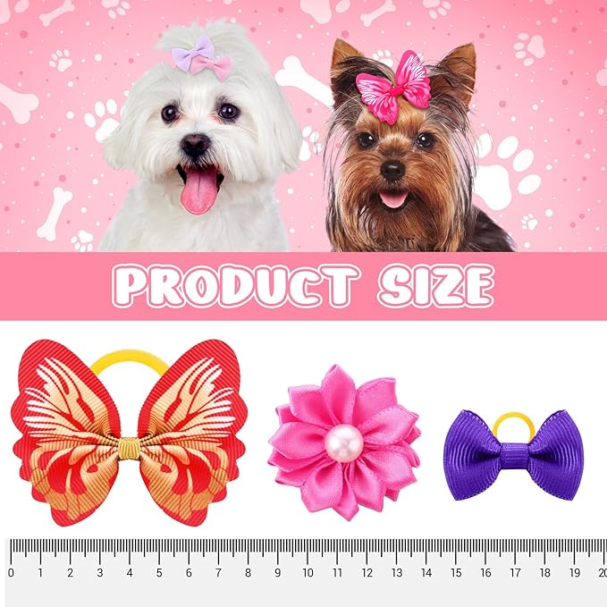 Janinka 36 Pieces Dog Hair Bows with Rubber Bands Easter Butterfly Bows for Small Size Dog Girl Flower Pearls Elastic Hair Ties Bands for Pets Puppy Cats Grooming Accessories(Vibriant Color)