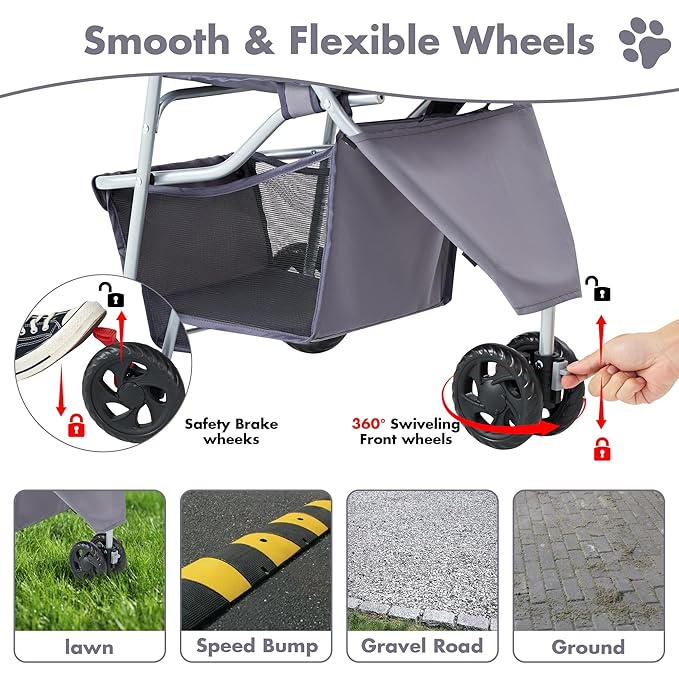DUMOS 3 Wheels Pet Stroller for Small Dogs and Cats – Foldable Dog Stroller with Mesh Windows, Storage Basket & Cup Holder, Lightweight & Durable Pet Carrier for Travel, Outdoor Use – Grey
