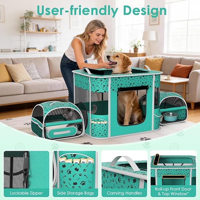 Cat Playpen - Portable Dog Playpen with Litter Box, Foldable Soft Dog Crate for Indoor/Outdoor, Pop Up Cat Enclosure, Collapsible Puppy Kitten Rabbit Cage Tent，3-Room