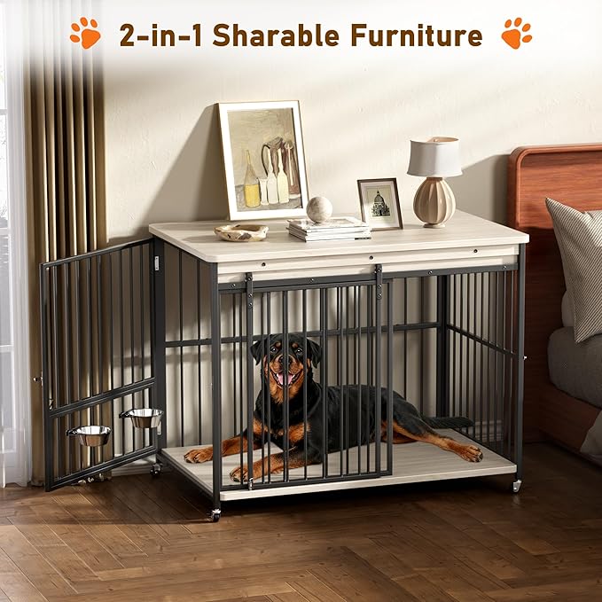 Dog Crate Furniture, 47’’ Wooden Dog Kennel Indoor with Sliding Front Door, Multi-Side Openings & Feeding Window Pet Cage House as TV Stand, End Table(Beige)
