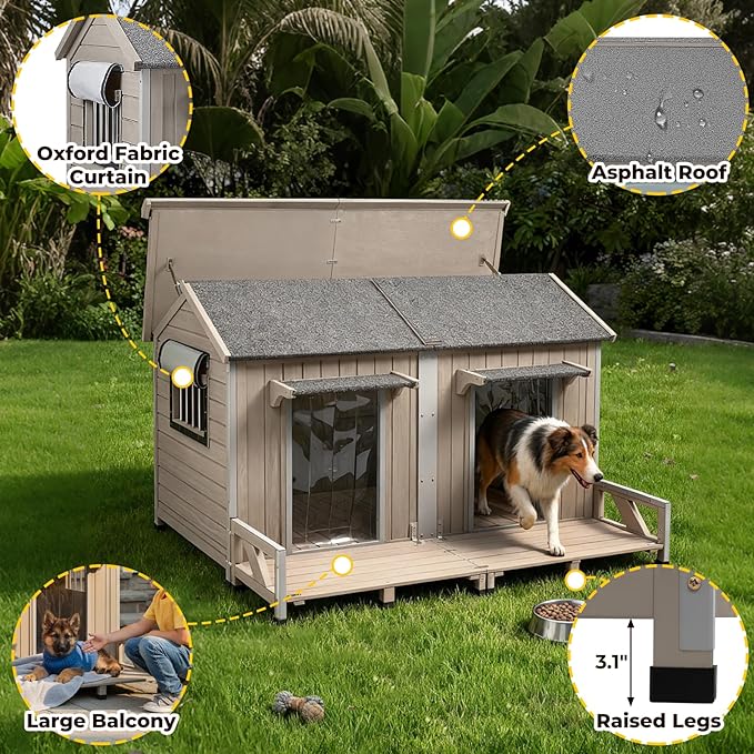 59" Large Dog House for 2 Dogs XL Wooden Dogs House Outdoor with Weatherproof Openable Roof, Window, All-Around Iron Frame, Removable Floor, Large Balcony