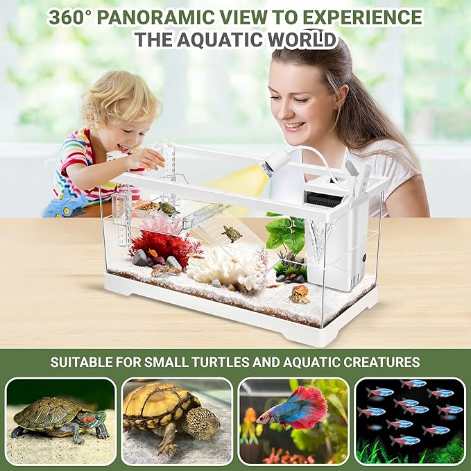 GOZILLA Aquatic Turtle Tank+Lamp+Filter Kit, Upgrade PC Turtle Tank Kit with Adjustable 360°Lamp & Filter,Reptile Habitat Lid,Hanging Platform for Small Reptiles.(19.68× 9.52× 9.44''/Large-White)