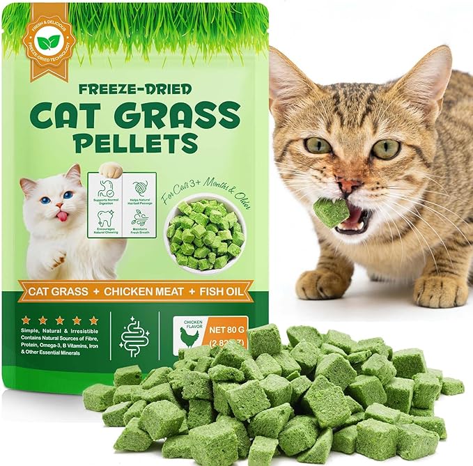 Cat Grass Treats, Freeze-Dried Cat Grass Pellets for Cats, 80g (2.82 OZ) | Natural Hairball Control, Digestive Support & Dental Care | Chicken & Fish Oil Recipe | No Artificial Additives