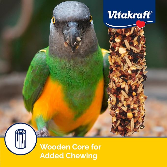 Vitakraft Crunch Sticks for Parrots Apricot and Cherry Flavor Natural Wood Chew Center with Clip Holder Long Lasting Treats for Conures and Parrots - 5.5 oz 2 Sticks