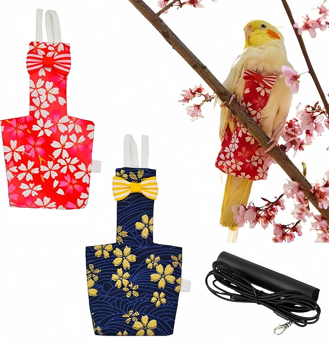 2 Pcs Bird Diapers Bird Harness Flight Suits Diapers with 80in Flying Leash Reusable Parrot Nappy with Waterproof Inner Layer for Cockatiel Budgie Conure Parakeet Lovebird-Red&Dark Blue