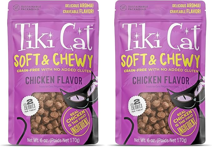 Tiki Cat Soft & Chewy Treats, Chicken Flavor, 3 Calories Per Treat with Grain-Free and No Added Gluten, 6 oz Pouch (Pack of 2)