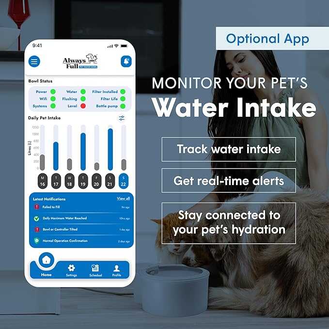 Always Full® 9” Dog Water Bowl and Bottle Pump Bundle, Self Refilling with Clean Filtered Water, App-Enabled Smart Hydration Monitoring, Upgradeable System for Dogs and Cats