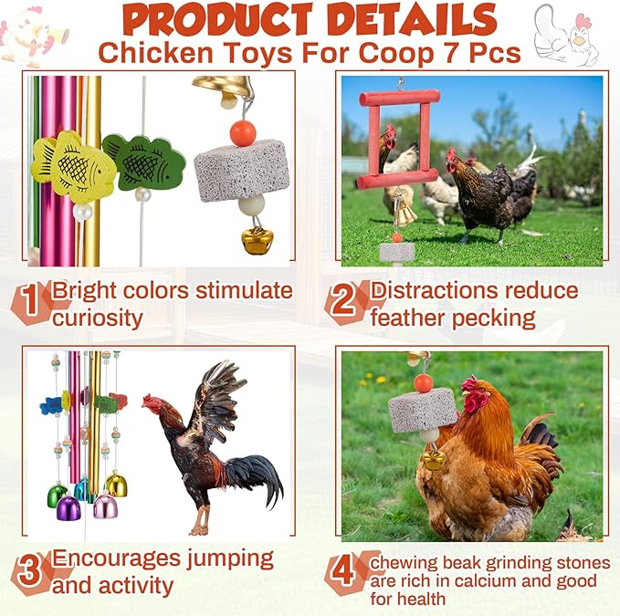 7 Pcs Chicken Toys, Hanging Chicken Wind Chime, 2 Pcs Coop Mirror Toys with Bells 4 Pack Beak Grinding Stones, Musical Coop Accessories for Hen Rooster Chick Poultry Bird (Rose Red, Yellow)
