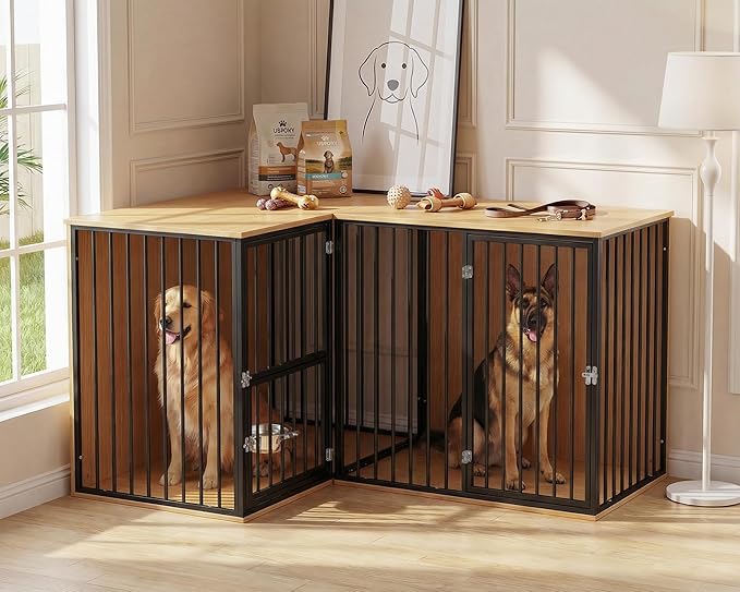 80.7" Double Dog Crate Furniture, Large Breed Dog Crate TV Stand with Swivel Bowls, Heavy Duty Wooden Double Dog Kennel with Removable Divider for 2 Medium Dogs (Black)