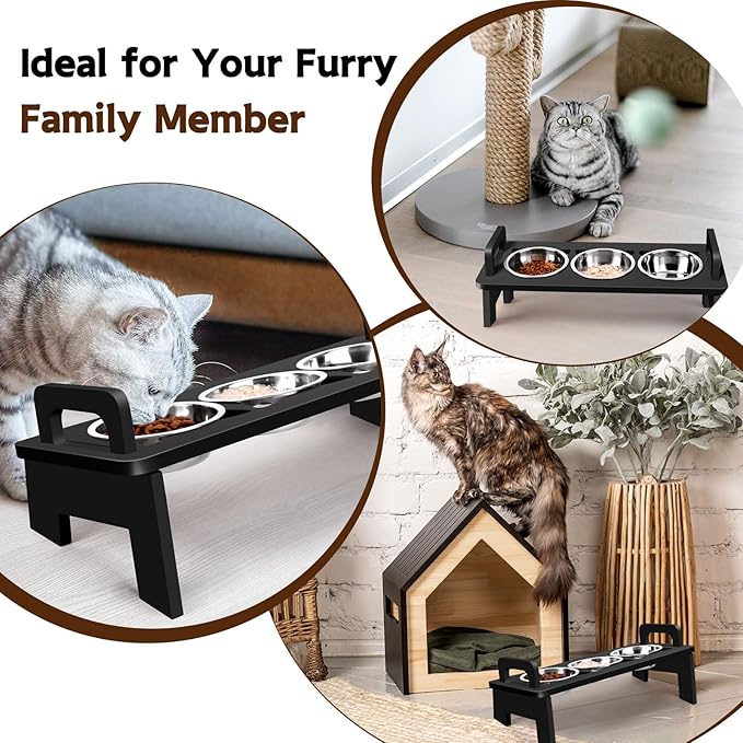 Bamboo Elevated Cat Bowls, 3 Stainless Steel Raised Cat Bowl with Stand, 15°Tilted Cat Feeding Station, Cat Food and Water Bowl Set for Small Cats and Puppy, Anti Vomitting, Whisker Fatigue (Black)