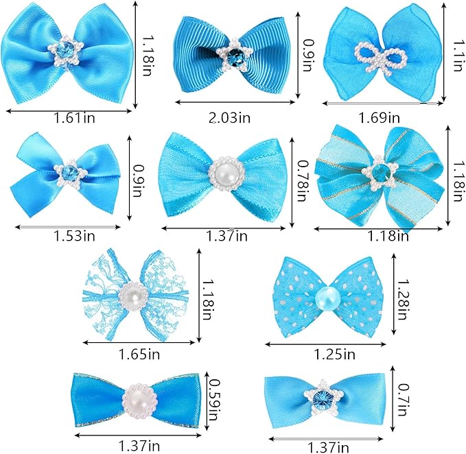 20 PCS Cute Dog Hair Bows with Rubber Bands Elastic Handmade Mix Style Lace Rhinestone Pearls for Furry Puppy Cat Pet Girl, Sky Blue