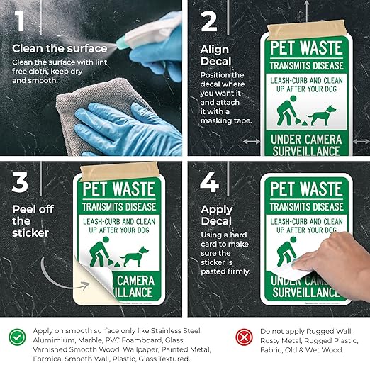 Pet Waste Leash-Curb and Clean Up After Your Dog Under Camera Surveillance Sign, 10x7 Inches, 4 Mil Vinyl Decal Stickers Weather Resistant, Made in USA