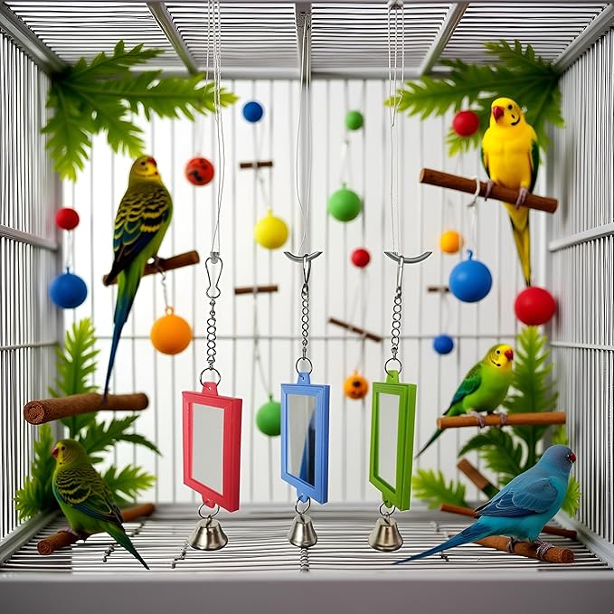 1Pc Random Color Pet Bird Mirror with Bell Interactive Parrot Toys for Budgies Parakeets Conures, Pet Supplies