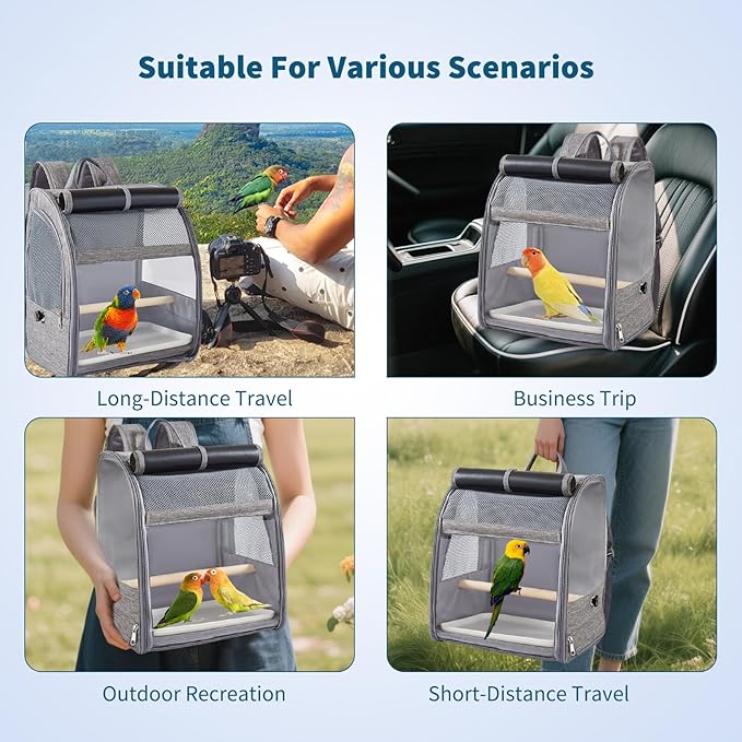 Bird Carrier Backpack,Breathable & Portable,Pet Travel Cage with Upgraded Tray and Standing Perches,Lightweight Foldable Birds Travel Cage for Hiking Camping,for Small Birds, Green Cheek